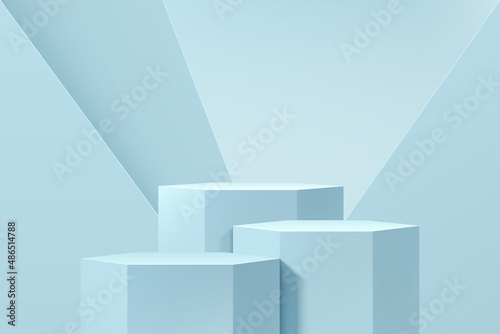 Realistic light blue 3D hexagon stand or podium set with geometric shape background. Pastel minimal wall scene for products showcase, Promotion display. Vector abstract studio room platform design.
