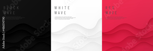 Set of  wavy curve lines layers on black, white and red background. Modern futuristic banner collection design. Design for print ad., cover, web, flyer, card, poster, wallpaper. Vector illustration