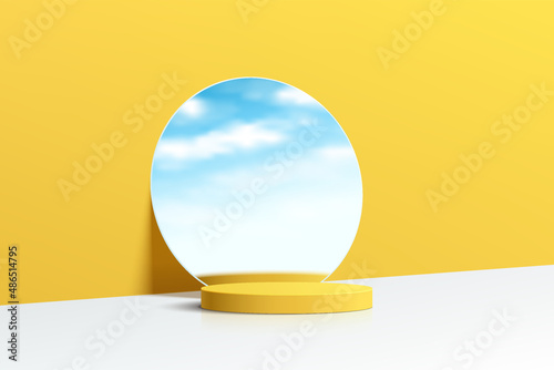 Realistic yellow and white 3D cylinder pedestal podium with cloud blue sky in mirror glass.  Minimal scene for products showcase, Stage promotion display. Vector abstract studio room platform design. photo