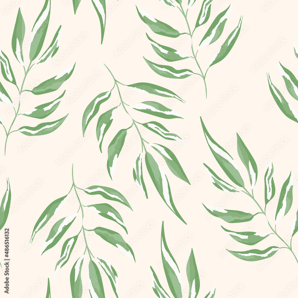 Green and white seamless pattern with sprigs. Vector stock illustration for fabric, textile, wallpaper, posters, paper. Fashion print. Branch with monstera leaves. Doodle style Green and white seamless pattern with sprigs. Vector stock illustration for fabric, textile, wallpaper, posters, paper. Fashion print. Branch with monstera leaves. Doodle style