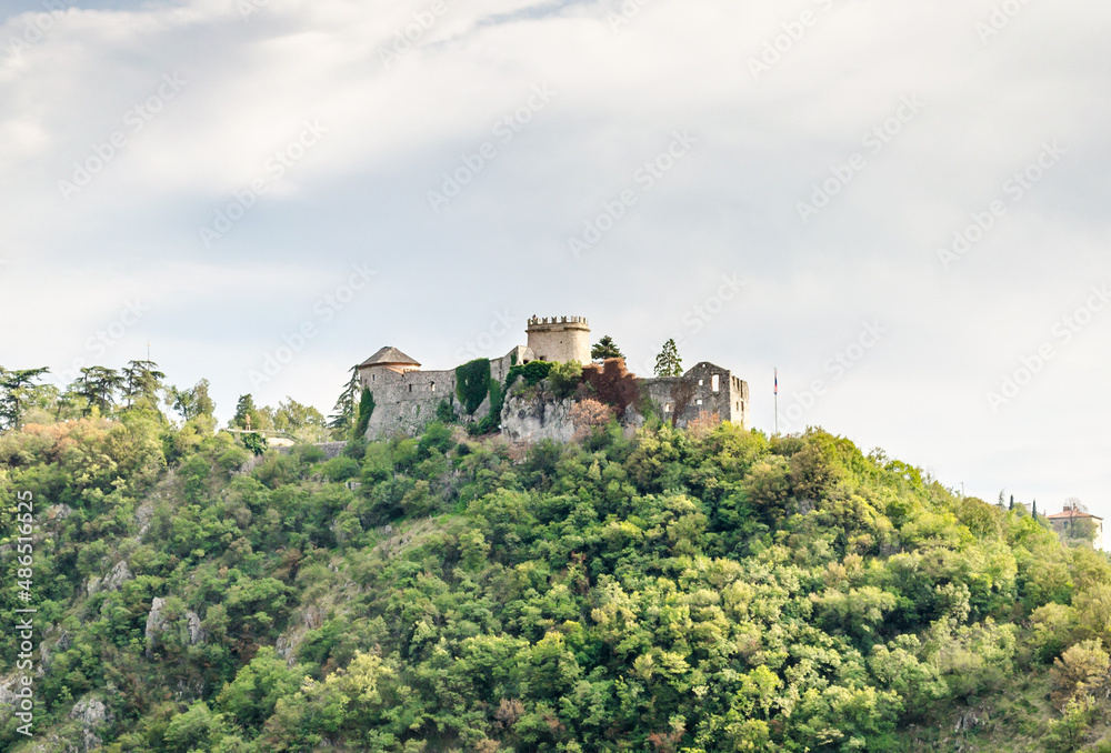 Trsat Castle on the Top of the Hill Surrounded by Green Trees in Rijeka, Croatia. Medieval Well Preserved Fortress Ruins in a Natural Environment.