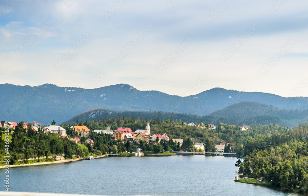 Βeautiful Panoramic View of Fuzine Τown By the Lake Bajer in Croatia. Picturesque Touristic Village Surrounded by Natural Environment with Trees and Mountains