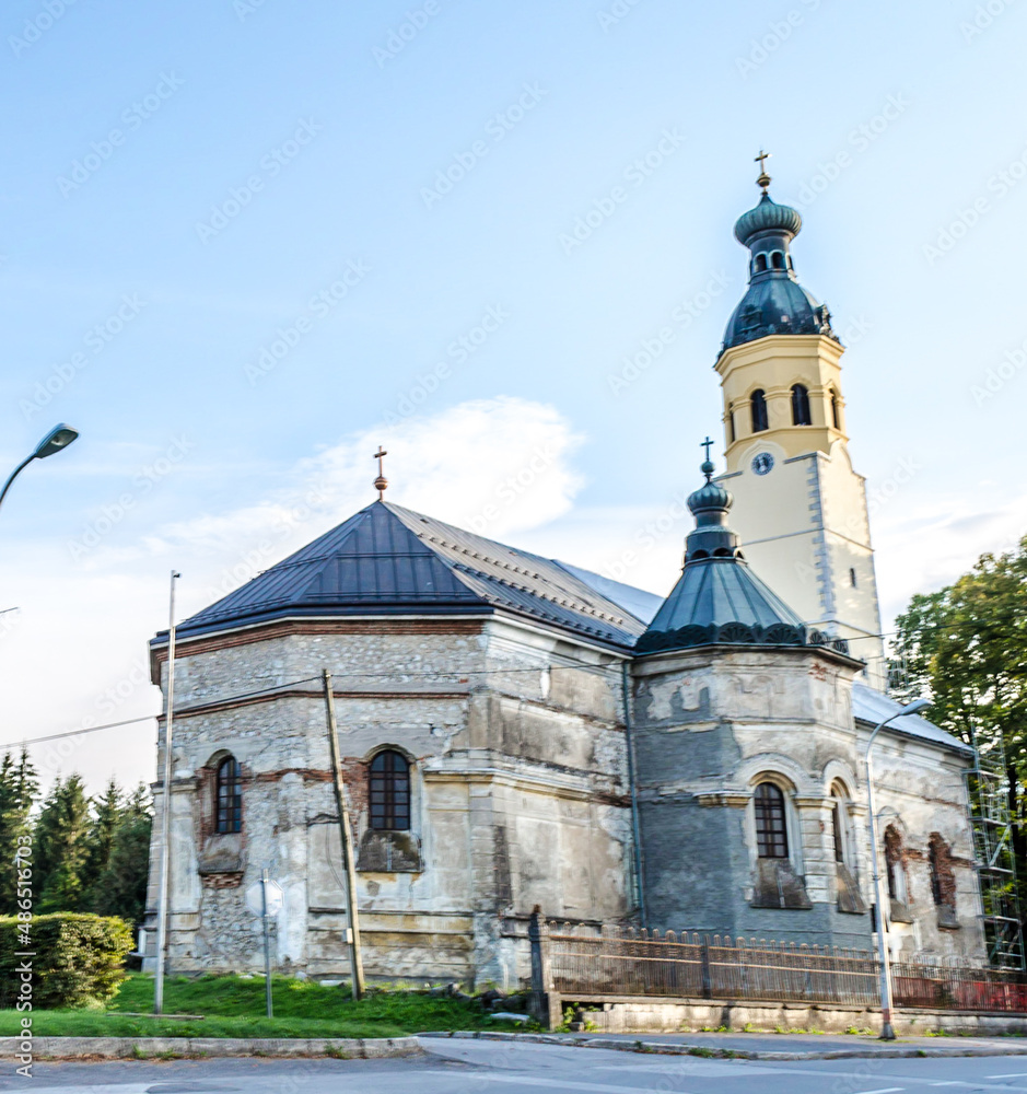 Serbian Ortodox Episcopal Church in Poor Condition Located in Plaski, Croatia. Damaged Building Under the Blue Sky