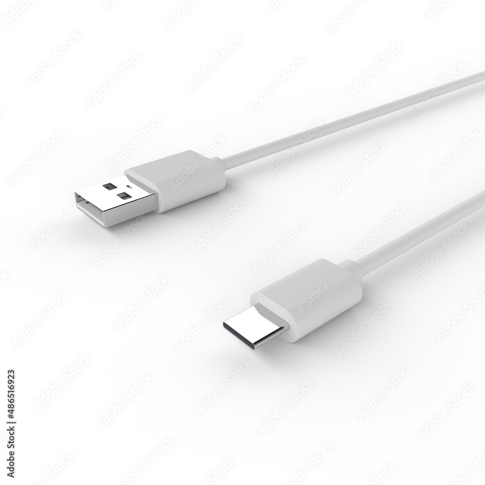 Usb and usb-c connectors on a white background. 3D render