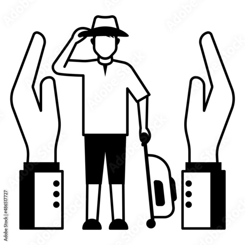 Person with Luggage and Protected with Human Hand Stock Illustration, Holiday and Travel Insurance Concept Vector Icon Design, Financial loss Protection Symbol, Risk management Sign, 