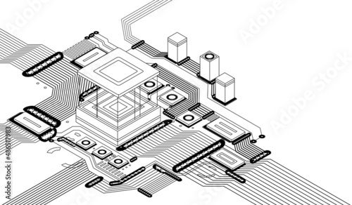 Electronic cpu digital chip monochrome. Processor and electronic components on motherboard or circuit board. Microchip or microprocessor, hardware engineering. AI. Blockchain technology isometric