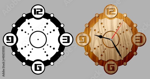Two layers decorative circles wall clock. Template for wood, metal plate or acrylic laser cutting 