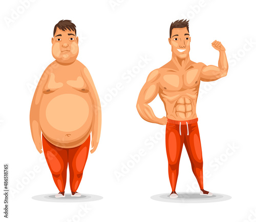 Weight loss. Man before and after diet poses. Cartoon funny characters on white background. Man weight loss and muscular guy after lose weight