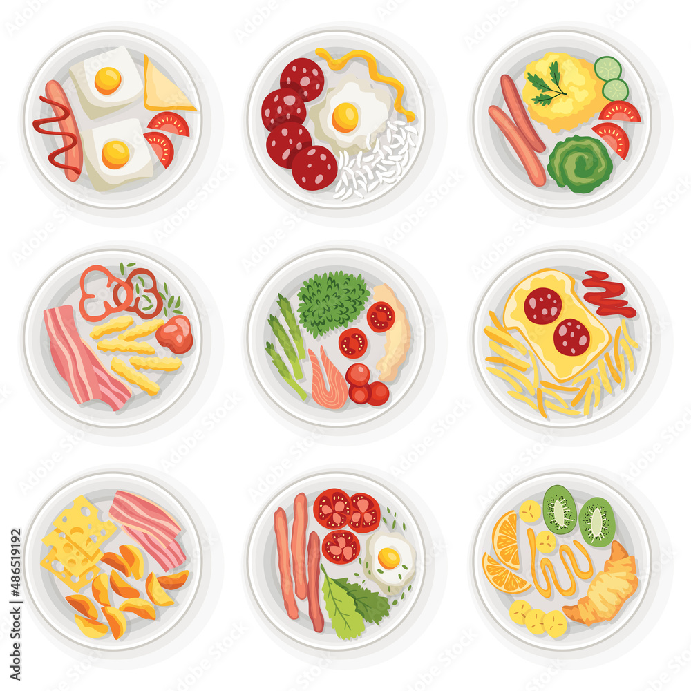 Collection of breakfasts or lunchs top view. Delicious, healthy food on porcelain dishs. Classic hearty breakfasts. Nicely served food on white plates