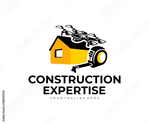 Construction expertise, home, tape measure, drone and quadcopter, logo design. Construction, house and building inspection, vector design and illustration