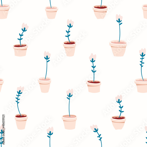 Seamless pattern with cute flower pots. Home garden repeating background. Gardening concept. Hand drawn vector illustration