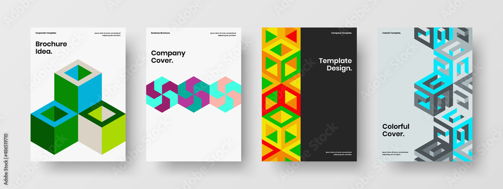 Clean geometric shapes magazine cover layout collection. Colorful annual report design vector illustration composition.