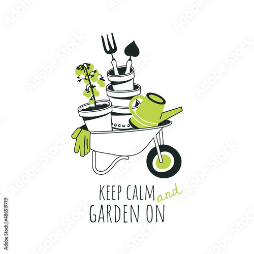 Cute illustration with wheelbarrow and garden tools. Caring, working and growing plants. Gardening concept. hand drawn cartoon style. Vector
