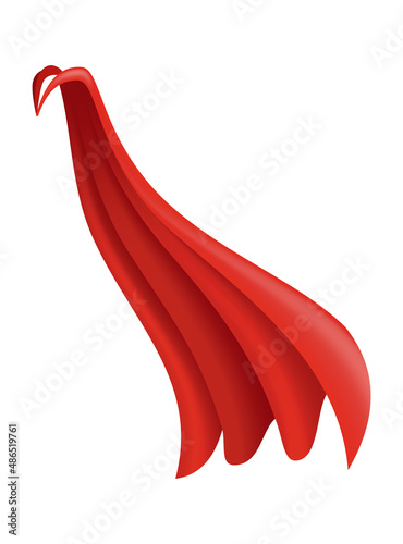Superhero red cape. Scarlet fabric silk cloak in side view. Carnival masquerade dress, realistic costume design. Flying Mantle costume