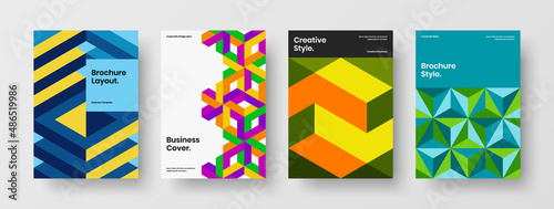 Abstract company brochure design vector illustration set. Amazing geometric hexagons flyer concept collection.