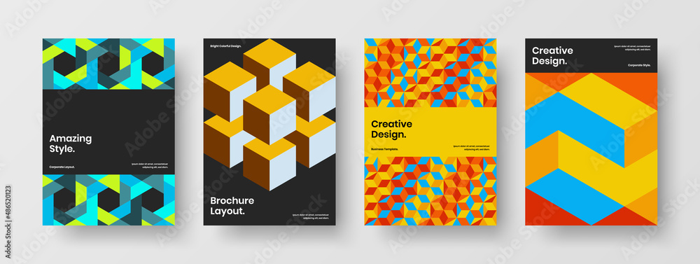 Vivid corporate identity A4 vector design illustration bundle. Modern geometric hexagons banner layout collection.