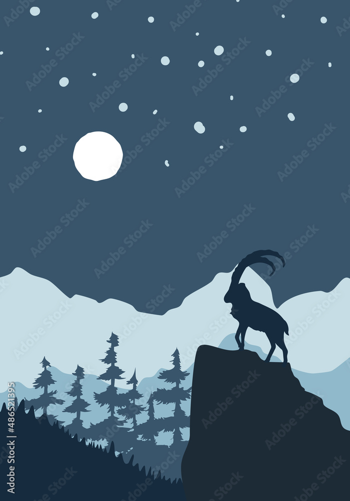 Night landscape with mountains, hills and moon, Mountain goat, forest
