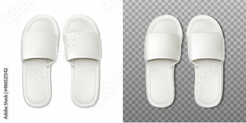 3d realistic vector icon. White slippers on white and transparent background. Top view. Salon, spa and brand banner template.
