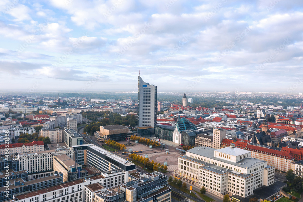 Cityscape of Leipzig (Saxony, Germany). Aerial view over Augustusplatz: Opera house, Leipzig University, Panorama Tower and Gewandhaus in Zentrum city district.