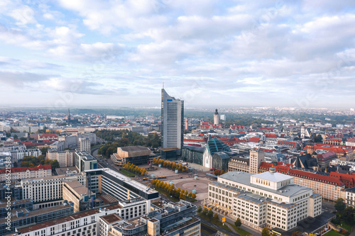 Cityscape of Leipzig (Saxony, Germany). Aerial view over Augustusplatz: Opera house, Leipzig University, Panorama Tower and Gewandhaus in Zentrum city district. © uslatar