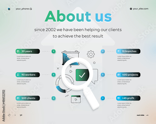 Slide about us, about company. Thin line and volume element design using infographics and icons. Six stages. Used for presentations, banner, flowchart. Flat vector business infographic template. EPS10