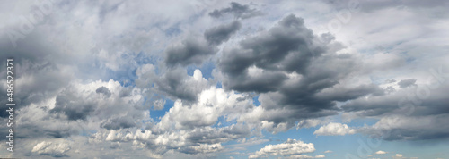 panorama of clouds of spring storm sky. Dark sky, danger. Weather forecast sc...