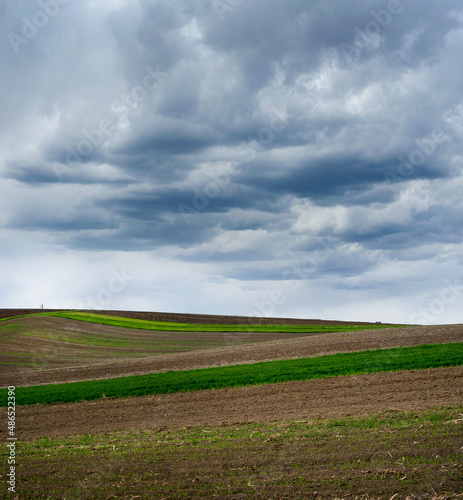 Colored lines and hills of spring fields under a beautiful storm sky with contrasting clouds.