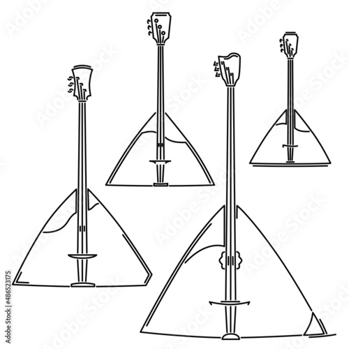 Set of flat design vector images of simple stringed musical instruments balalaika (alto, prima, contrabass, bass) drawn by lines.