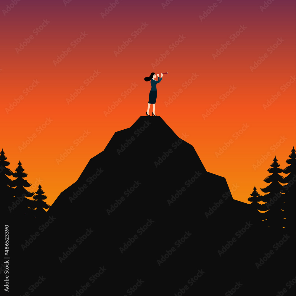Businesswoman standing looking for opportunities in binocular on top peak mountain