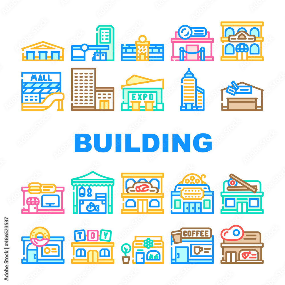 Building Construction Exterior Icons Set Vector. Shopping And Commercial Center Skyscraper, Seafood And Sushi Restaurant, Cinema And Night Club Building Line. Coffee Shop And Cafe Color Illustrations Building Construction Exterior Icons Set Vector. Shopping And Commercial Center Skyscraper, Seafood And Sushi Restaurant, Cinema And Night Club Building Line. Coffee Shop And Cafe Color Illustrations