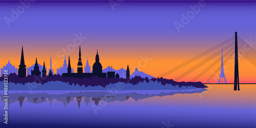 Art & Illustration city silhouette with evening sky and reflection in river