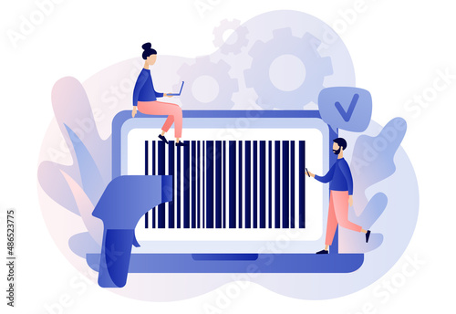 Bar code on laptop screan. Handheld barcode scanner. Tiny people scan bar-code. Modern flat cartoon style. Vector illustration on white background