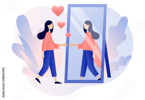 Self confidence. Self-image. Confident strong woman as superhero in mirror. Self love. Self development. Motivation. Modern flat cartoon style. Vector illustration on white background