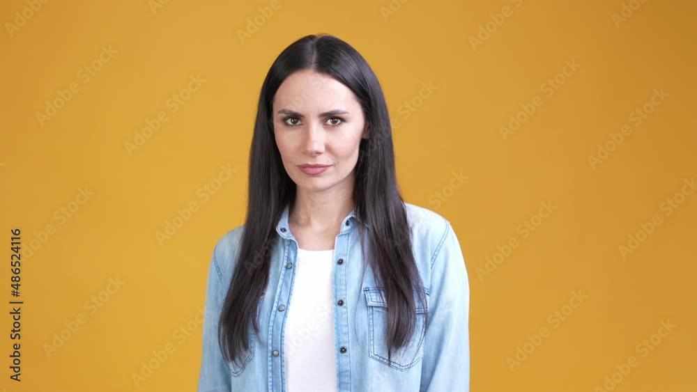 Lady marketer cross hands analyze applicant isolated vibrant color background Lady marketer cross hands analyze applicant isolated vibrant color background