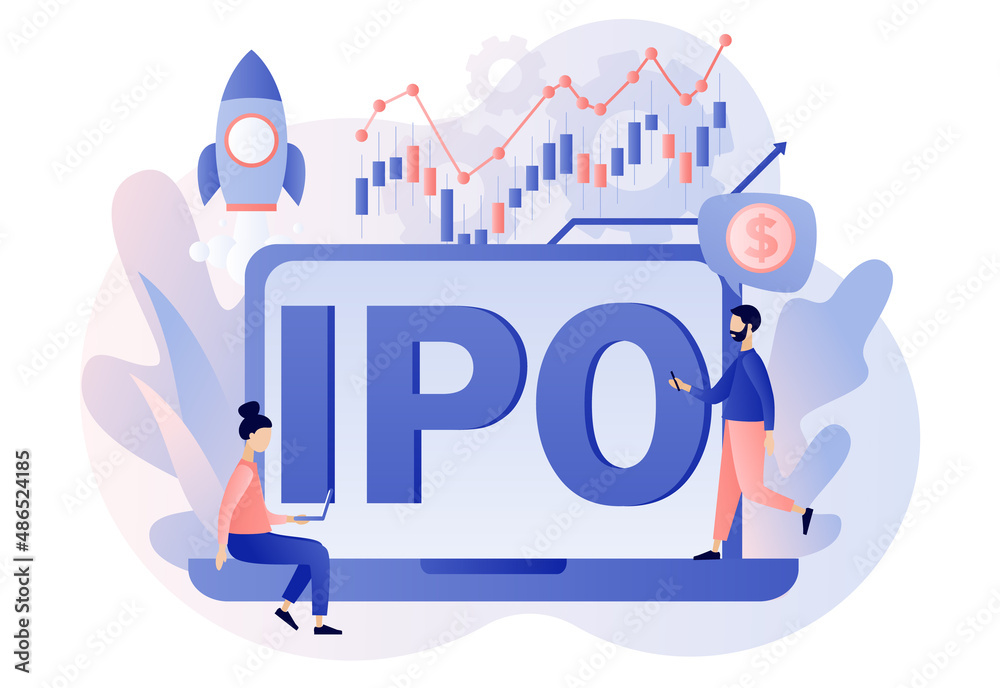 IPO concept. Initial public offering. Tiny people investors ivest stock market shares online. Company growth. Passive income. Investment. Modern flat cartoon style. Vector illustration 