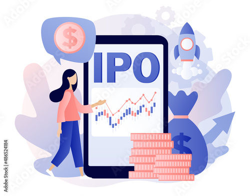 IPO concept. Initial public offering. Tiny woman investor ivest stock market shares via smartphone app. Company growth. Passive income. Investment. Modern flat cartoon style. Vector illustration