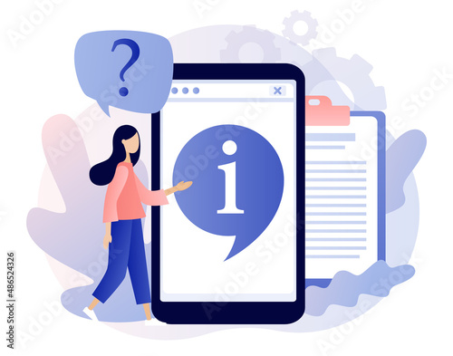 Info symbol in smartphone app. Information center online. Customer support, useful information, guides, frequently asked questions. Modern flat cartoon style. Vector illustration on white background

