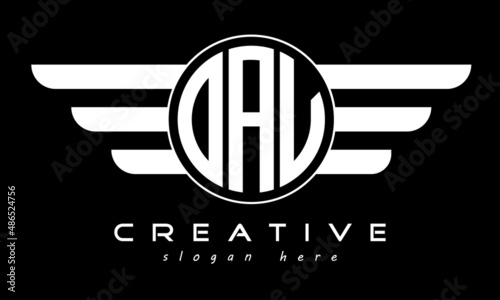 OAV three letter monogram type circle letter logo with wings vector template.