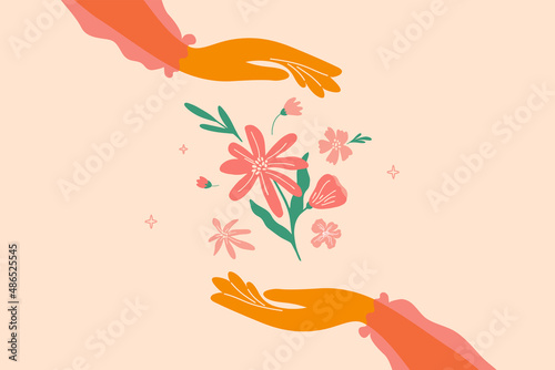 Woman hands holding spring flowers bouquet. Beauty nature. Female in pink blouse giving or receiving blossom gift. Happy women or mothers day floral postcard. Florist, plant lover vector illustration