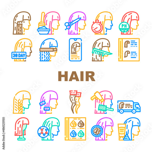 Hair Salon Hairstyle Service Icons Set Vector. Hair Painting And Cutting, Straightening And Braiding, Balancing Ph Of Scalp And Departure Of Specialist Line. Thermo Wrap And Curler Color Illustrations