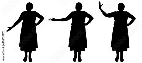 Women stand in one row, hands are kept on the belt, bending at the elbow. Women move their hands: moves the hand to the side, up, forward, back. Foreground. Female black silhouette isolated on white