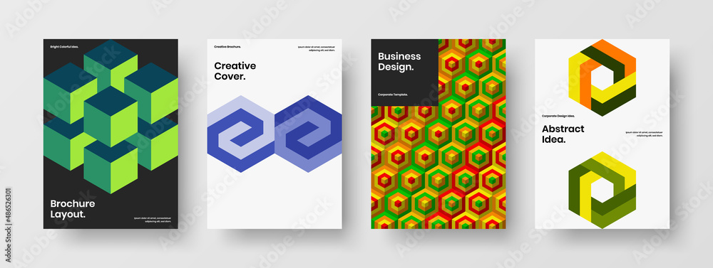 Trendy company identity A4 vector design illustration composition. Amazing geometric tiles postcard template bundle.