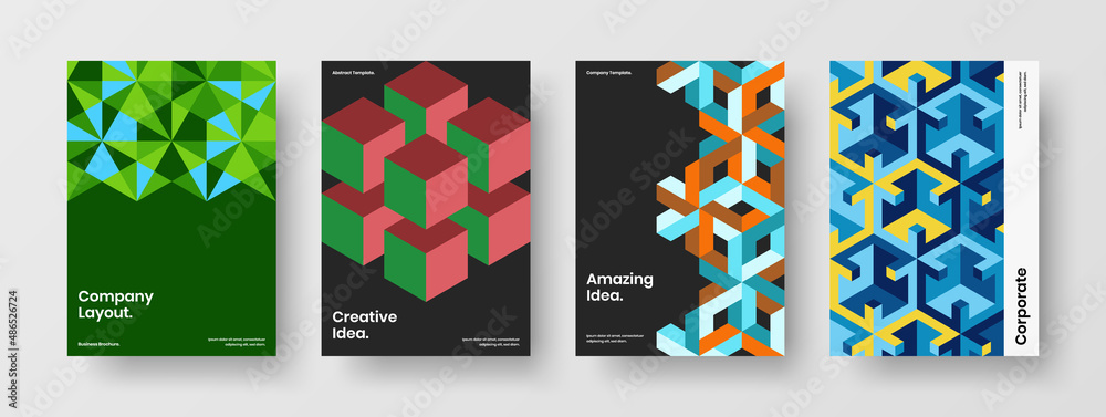 Minimalistic book cover vector design concept set. Clean geometric tiles handbill template bundle.
