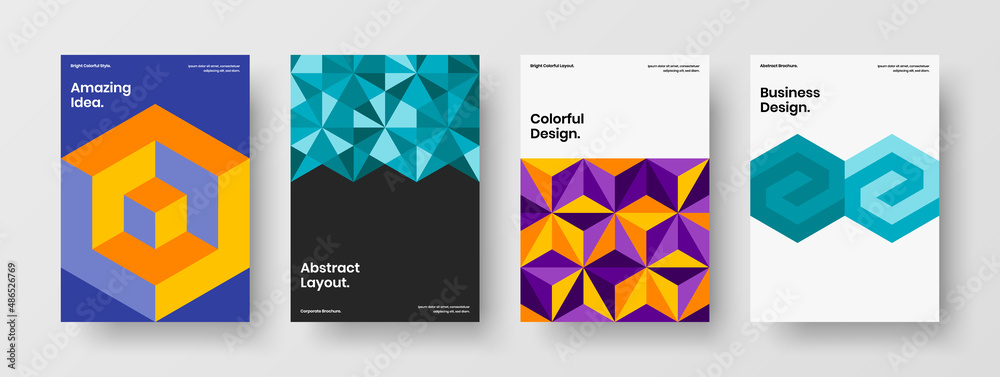 Fototapeta premium Clean booklet A4 vector design layout bundle. Colorful mosaic hexagons corporate brochure illustration set.