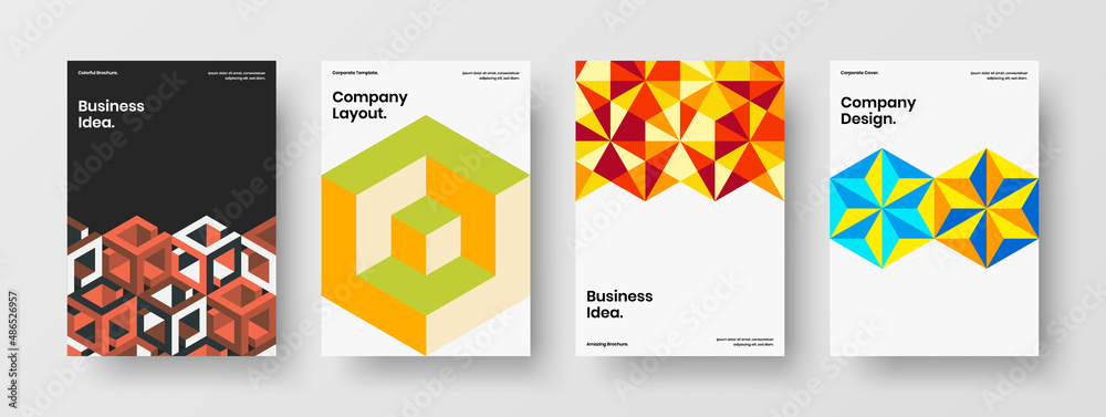 Fototapeta premium Vivid magazine cover A4 design vector layout collection. Abstract geometric pattern brochure concept bundle.