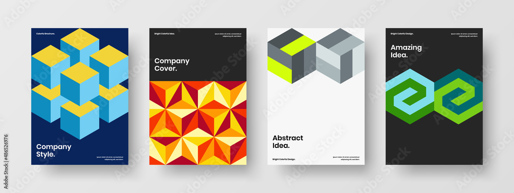 Multicolored geometric tiles front page illustration set. Bright company cover design vector template collection.