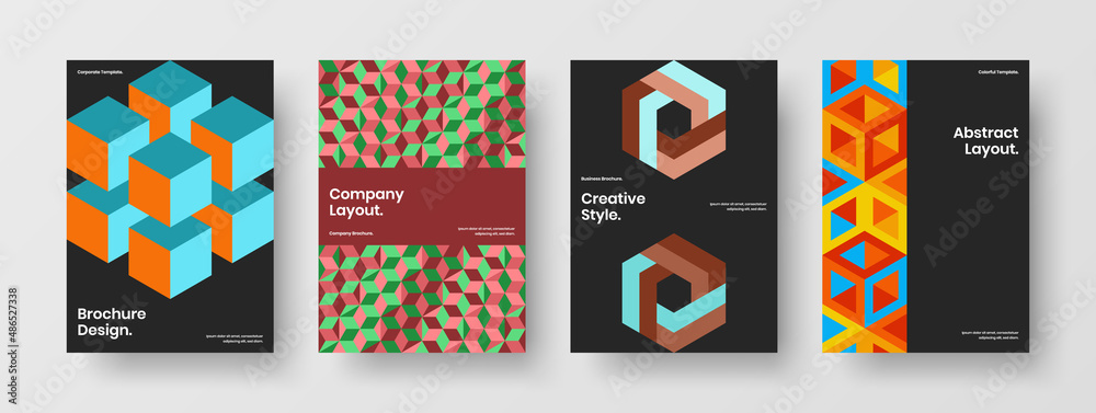 Vivid magazine cover design vector template collection. Clean geometric tiles leaflet concept composition.