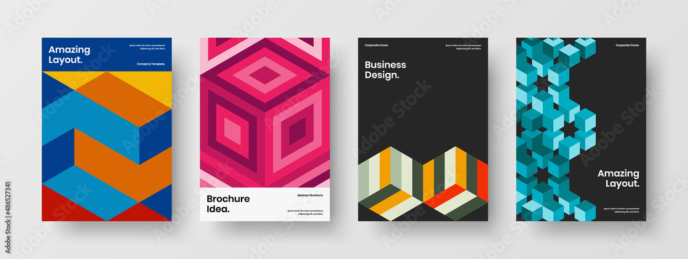 Bright poster A4 design vector template bundle. Simple mosaic hexagons postcard concept collection.