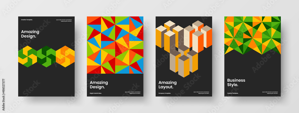 Naklejka premium Multicolored mosaic hexagons company brochure template composition. Fresh booklet design vector layout collection.