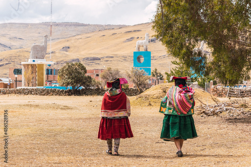 Obraz na plátně indigenous women walking dressed in typical dress made of alpaca fiber on a sunn